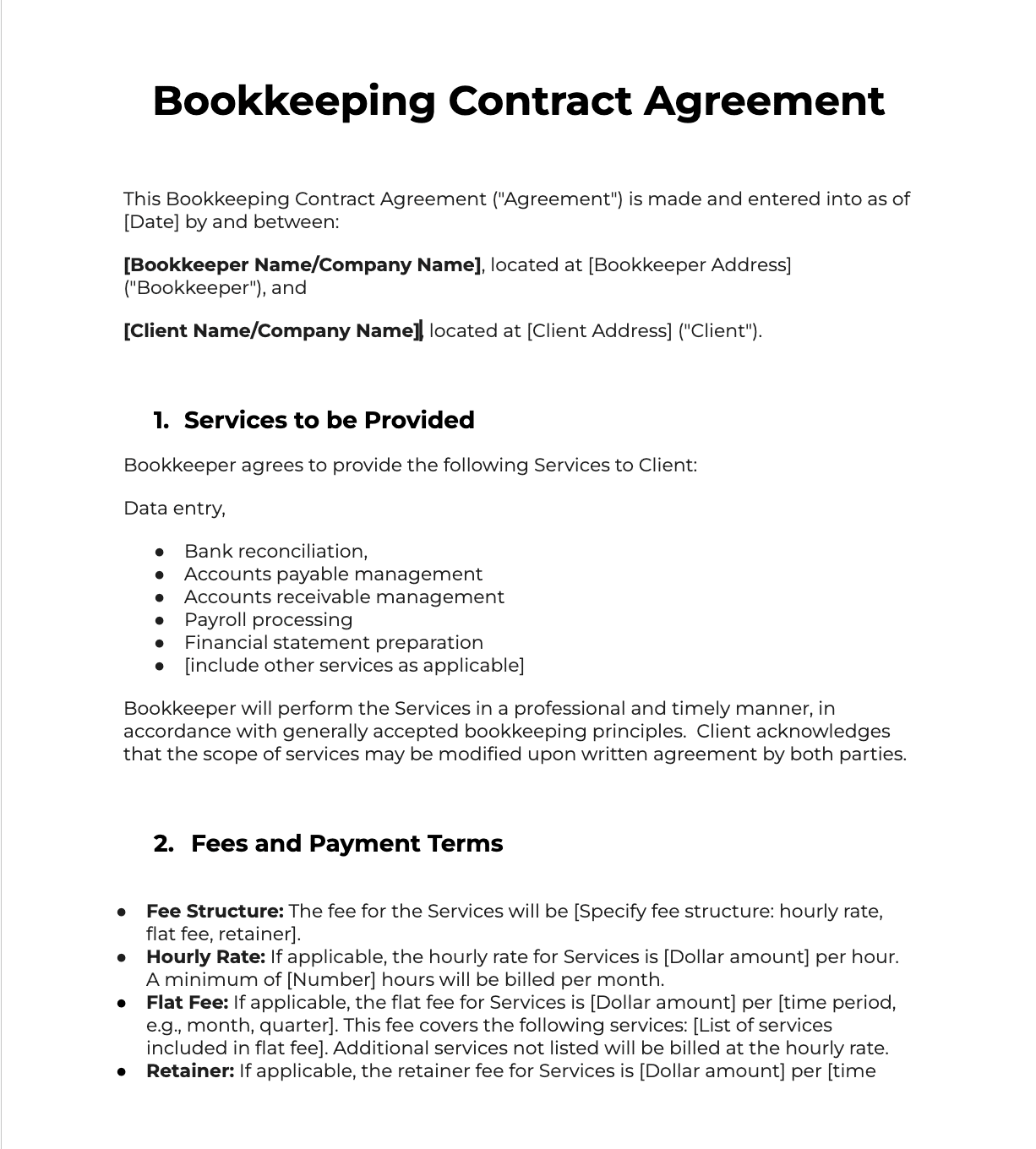sample of a bookkeeping contract