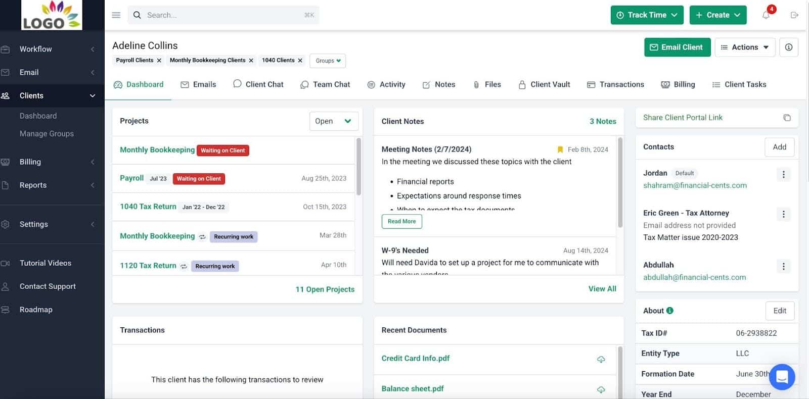 Financial Cents crm client profile dashboard