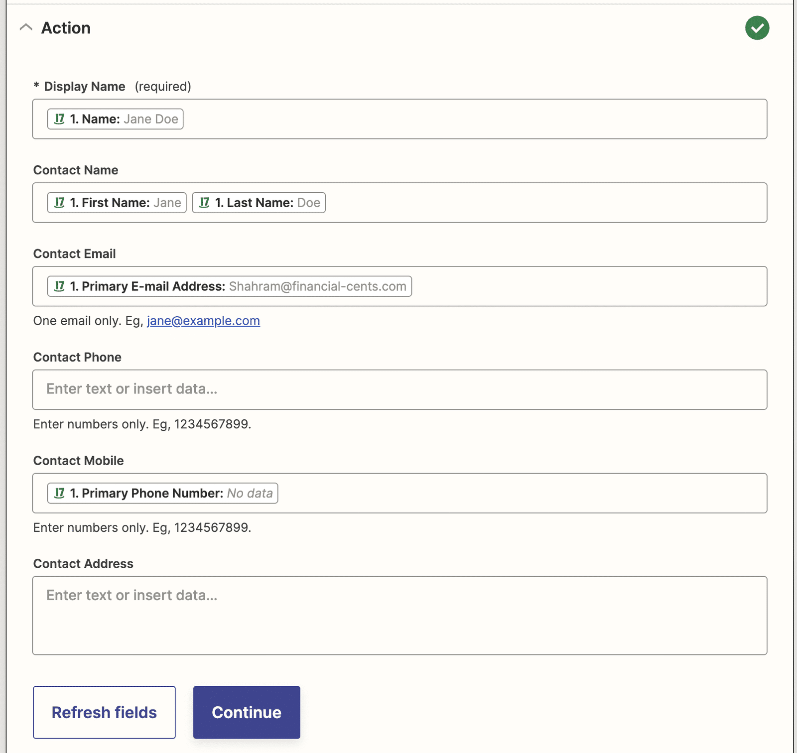 final step to create a client successfully in 17hats app from financial cents using zapier integration